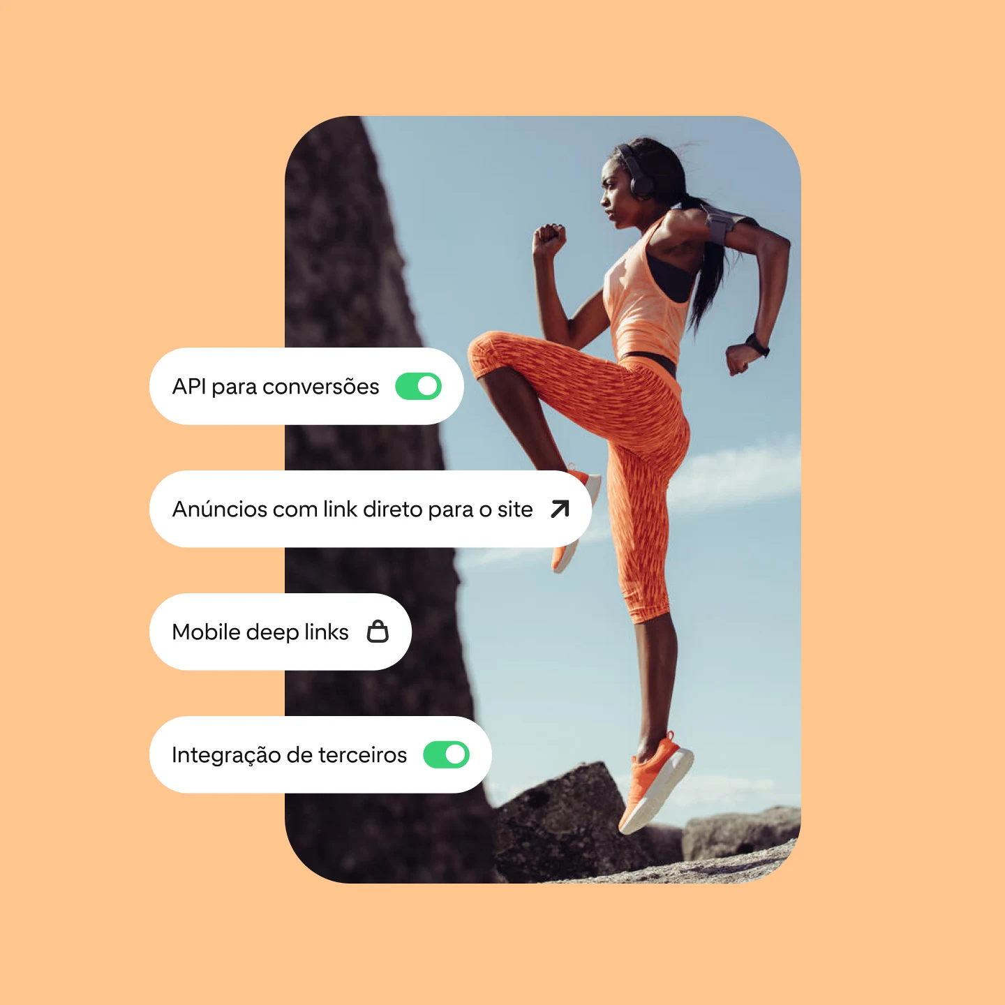 A imagem mostra soluções de desempenho do Pinterest, ao lado de uma mulher fazendo exercício vestindo roupa de treino laranja em ambiente externo.