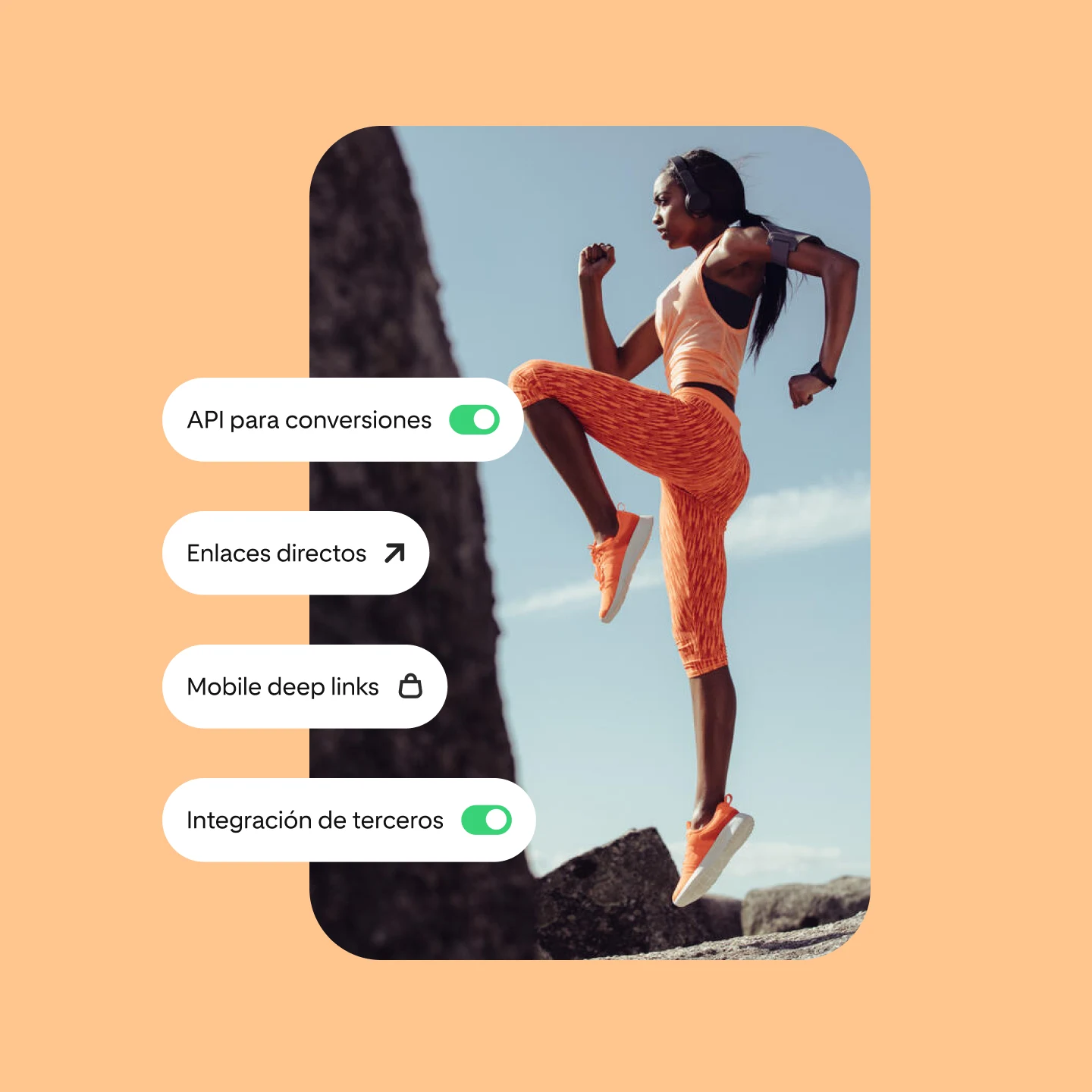 En la imagen, se muestran varias soluciones de rendimiento de Pinterest, junto con una mujer entrenando al aire libre con ropa deportiva naranja.
