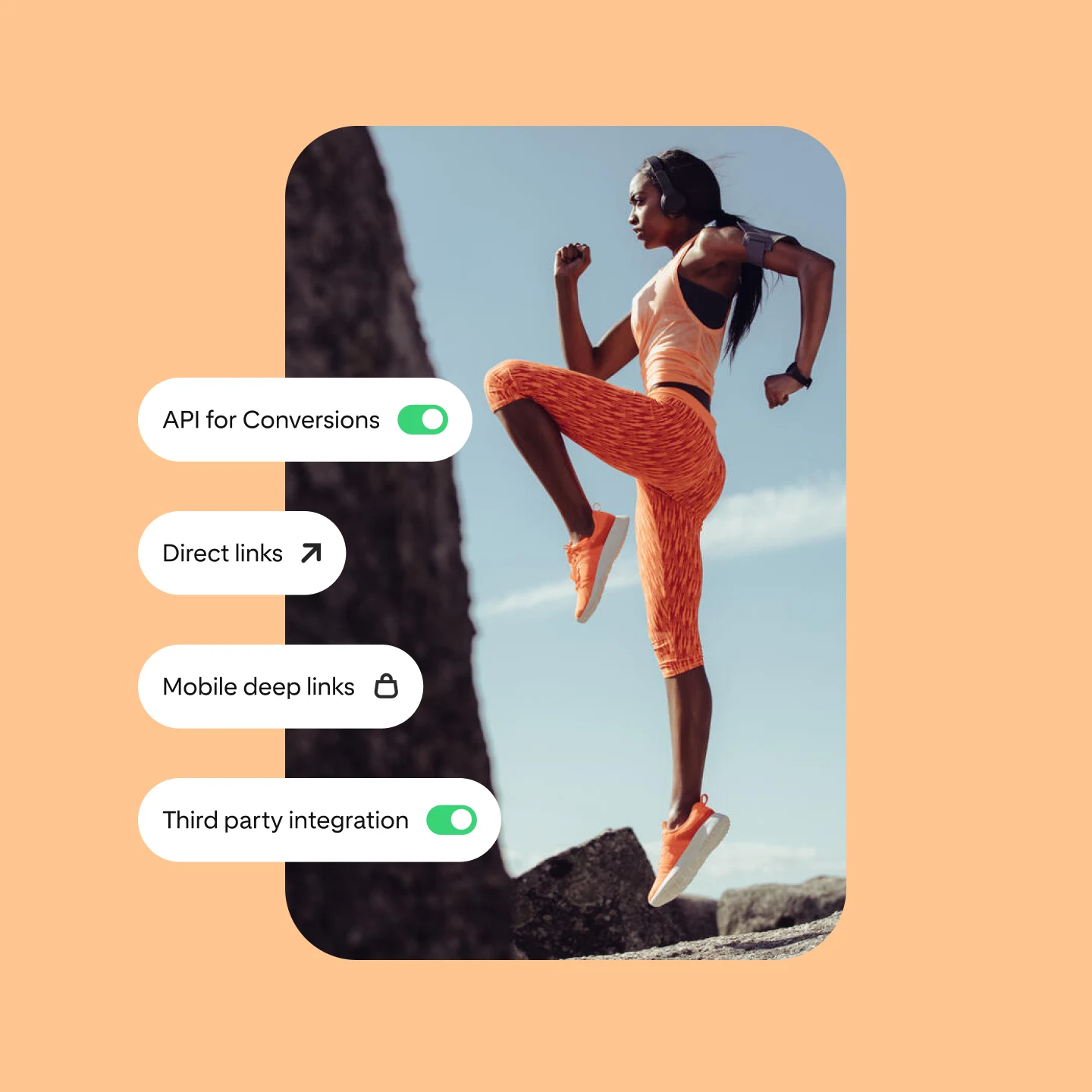 An image shows multiple Pinterest performance solutions, along with a woman performing an outside workout in orange workout gear.