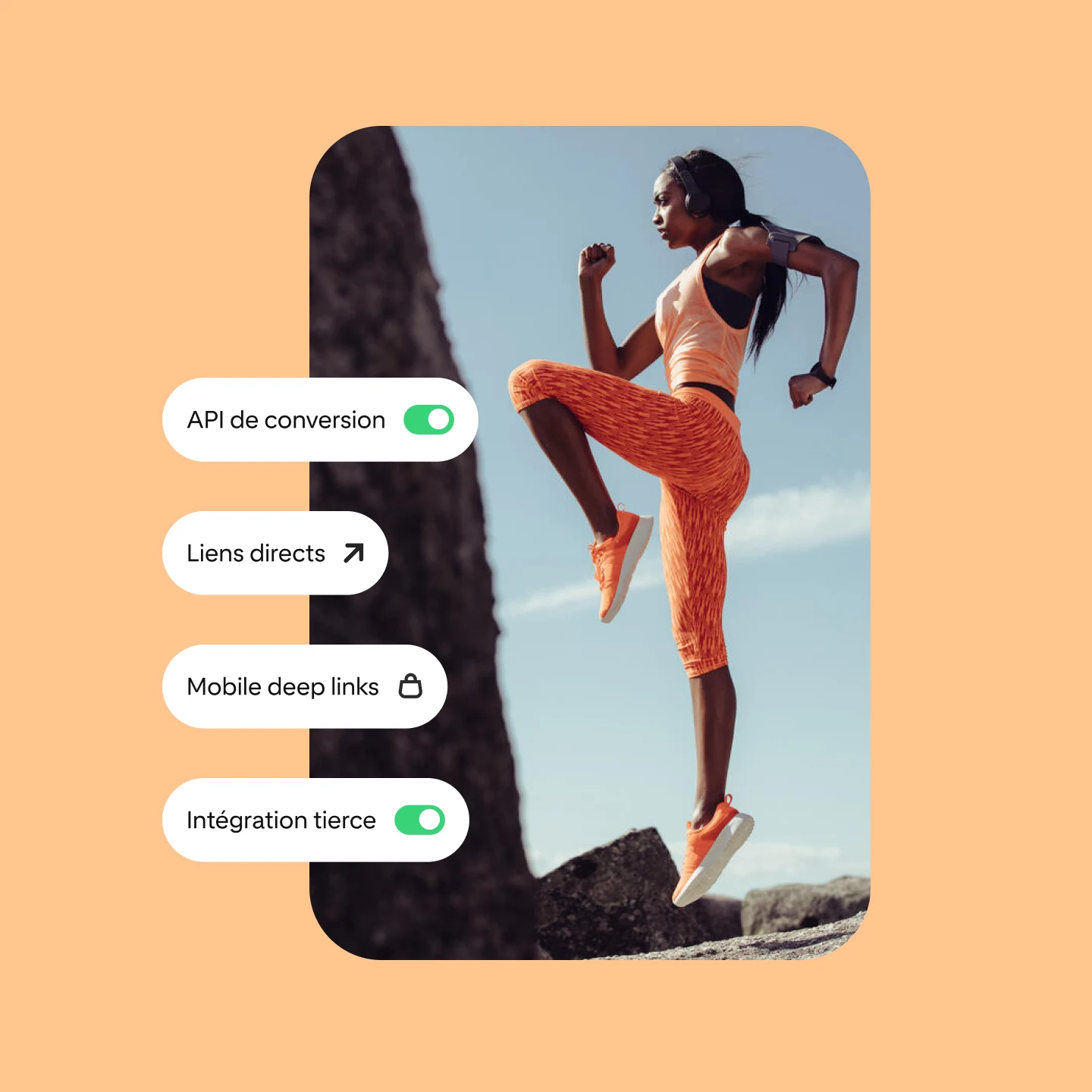 L’image montre plusieurs solutions de performance Pinterest, à côté d’une femme en survêtement orange en train de s’entraîner en extérieur.