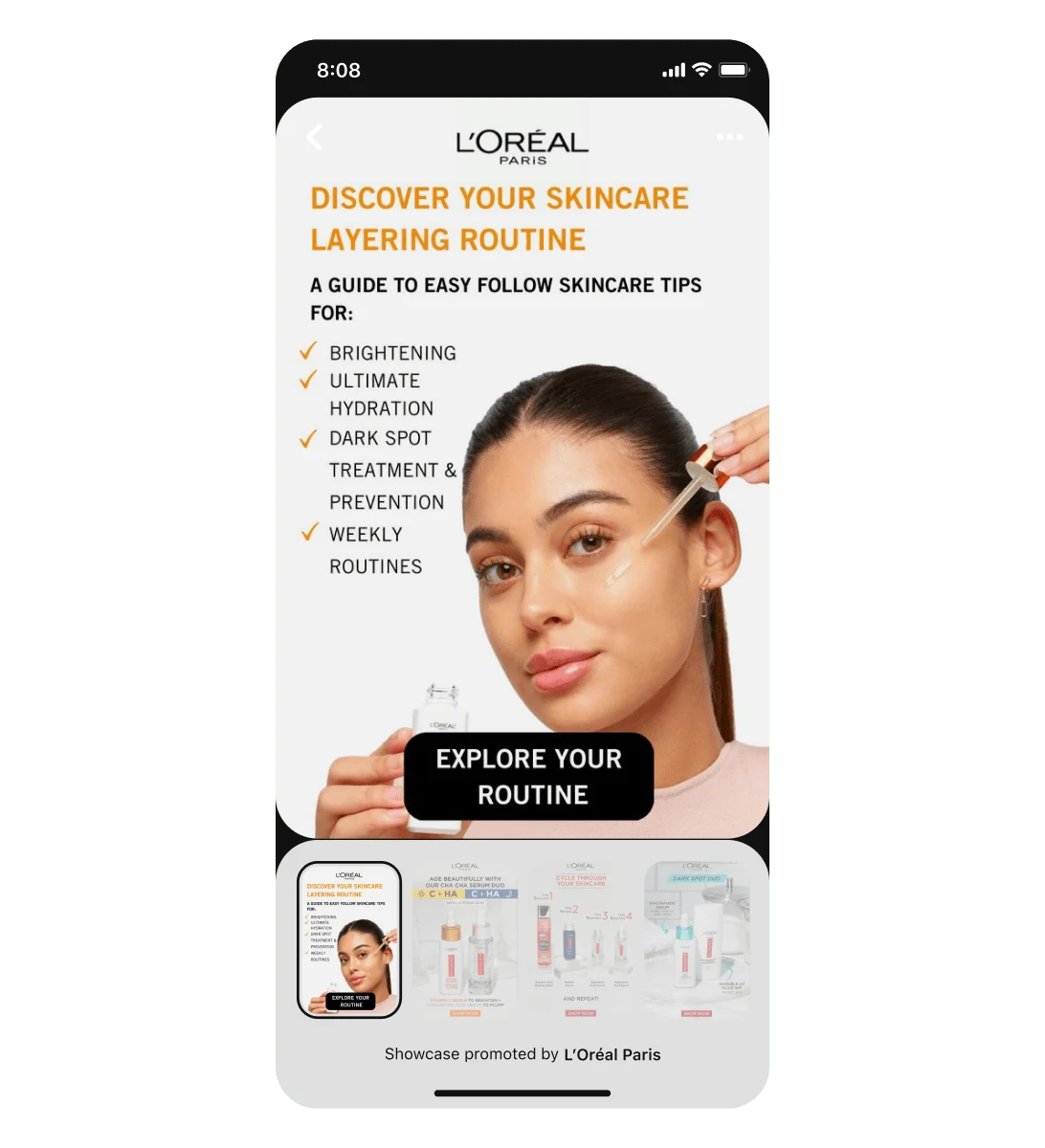 라틴계 여성이 페이스 세럼을 사용하고 있는 L'Oreal 쇼케이스 광고를 표시한 모바일 화면 뷰입니다.이 제목 핀에 뒤이어 스와이프 형식의 카드 세 장이 나옵니다.