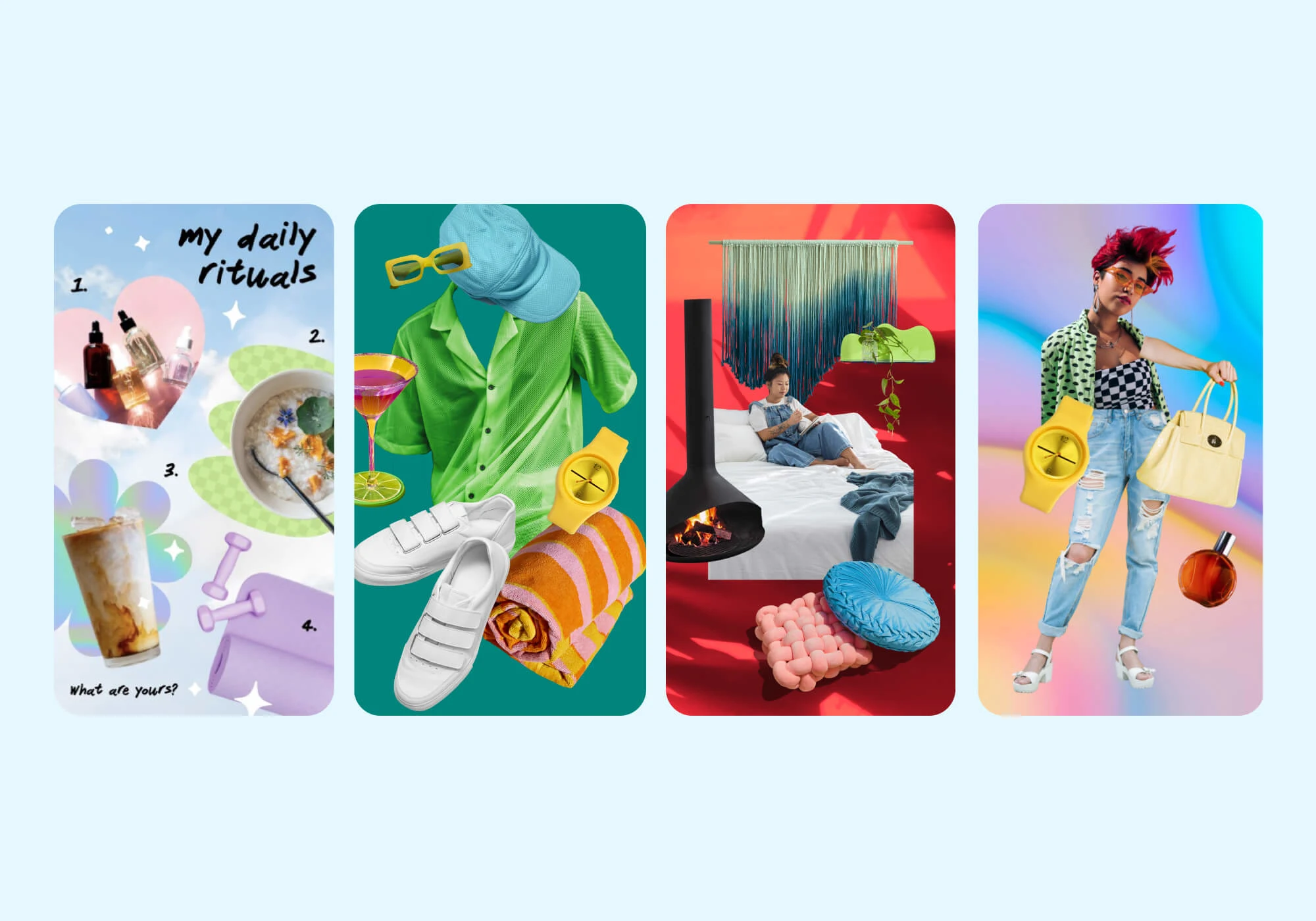 Collage aus vier Pinterest-Pins, die tägliche Routine und farbenfrohe Modestile zeigen. Inkl. Frühstück, gemütlicher Leseecke, trendiger Street Fashion mit gelber Handtasche und einer entspannten Szene in einem Schlafzimmer.