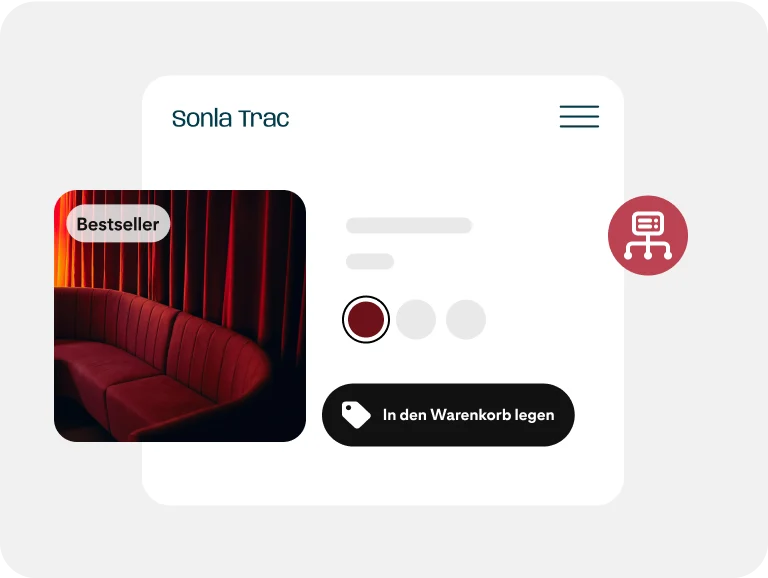 Ein Händler verwendet eine E-Commerce-Integration, um vorhandene Produkte zu seinem Pinterest-Konto hinzuzufügen, darunter ein rotes Sofa. 