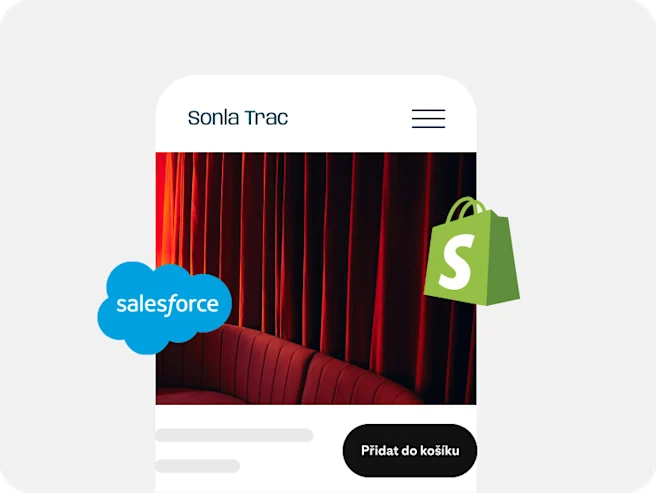 Reklama na červenou pohovku obklopená logy Salesforce a Shopify.