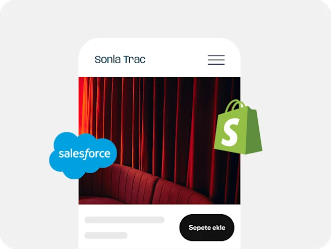 Etrafında Salesforce ve Shopify logoları bulunan kırmızı bir koltuk reklamı.