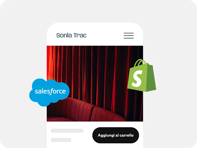 Un annuncio per un divano rosso affiancato dai loghi di Salesforce e Shopify.