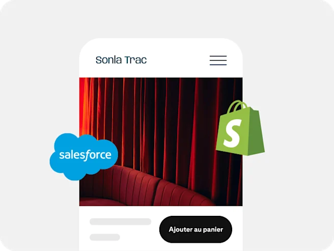 Une annonce pour un canapé rouge est entourée des logos Salesforce et Shopify.