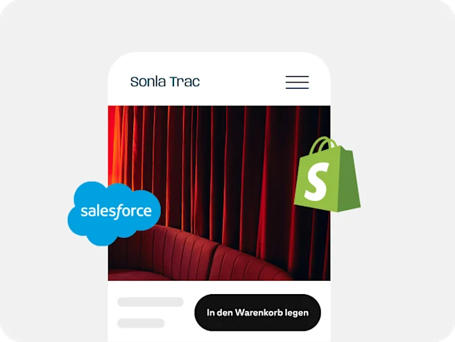 Eine Anzeige für ein rotes Sofa ist von den Salesforce- und Shopify-Logos umgeben.