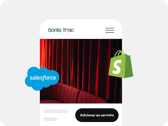 Anúncio de um sofá vermelho com logotipos da Salesforce e da Shopify em volta do anúncio.