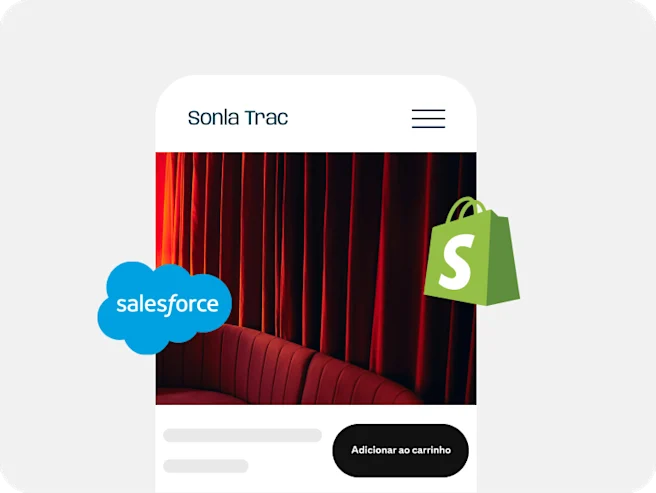 Um anúncio de um sofá vermelho enquadrado pelos logótipos da Salesforce e do Shopify.