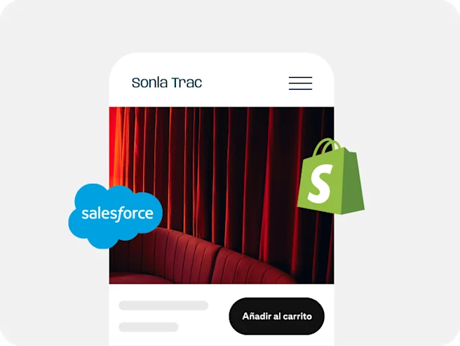 Un anuncio de un sofá rojo rodeado por los logotipos de Salesforce y Shopify.