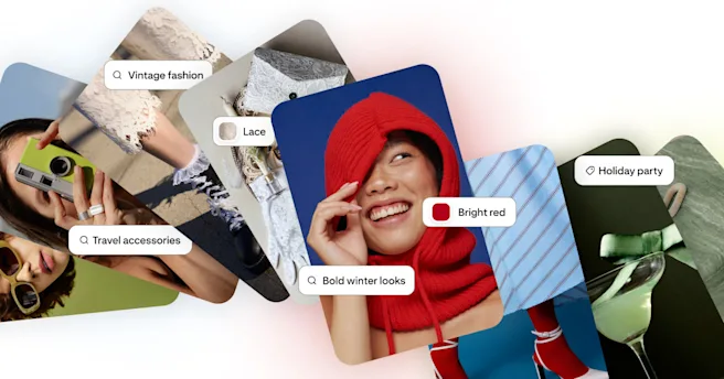 Pinterest fashion inspiration collage featuring vintage lace, travel accessories, a bright red knit hood and scarf, blue striped outfit, red shoes, and a green holiday party cocktail.