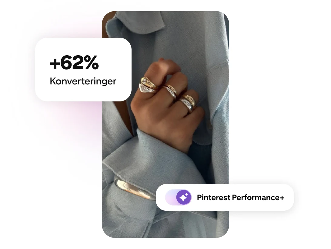 En hånd med flere gullringer og en etikett som viser en økning i konverteringsraten på 62 % og en Pinterest Performance-etikett
