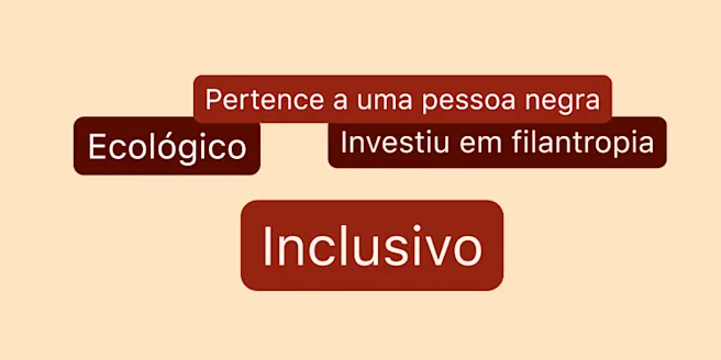 Quatro balões de texto espalhados por um fundo caramelo, com as seguintes frases: Pertence a uma pessoa negra, Ecológico, Investiu em filantropia e Inclusivo.