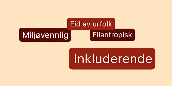 Fire tekstbobler spredt rundt på en brun bakgrunn, der hver boble har en av følgende setninger: Eid av en person med afrikansk opphav, miljøvennlig, filantropisk og inkluderende.