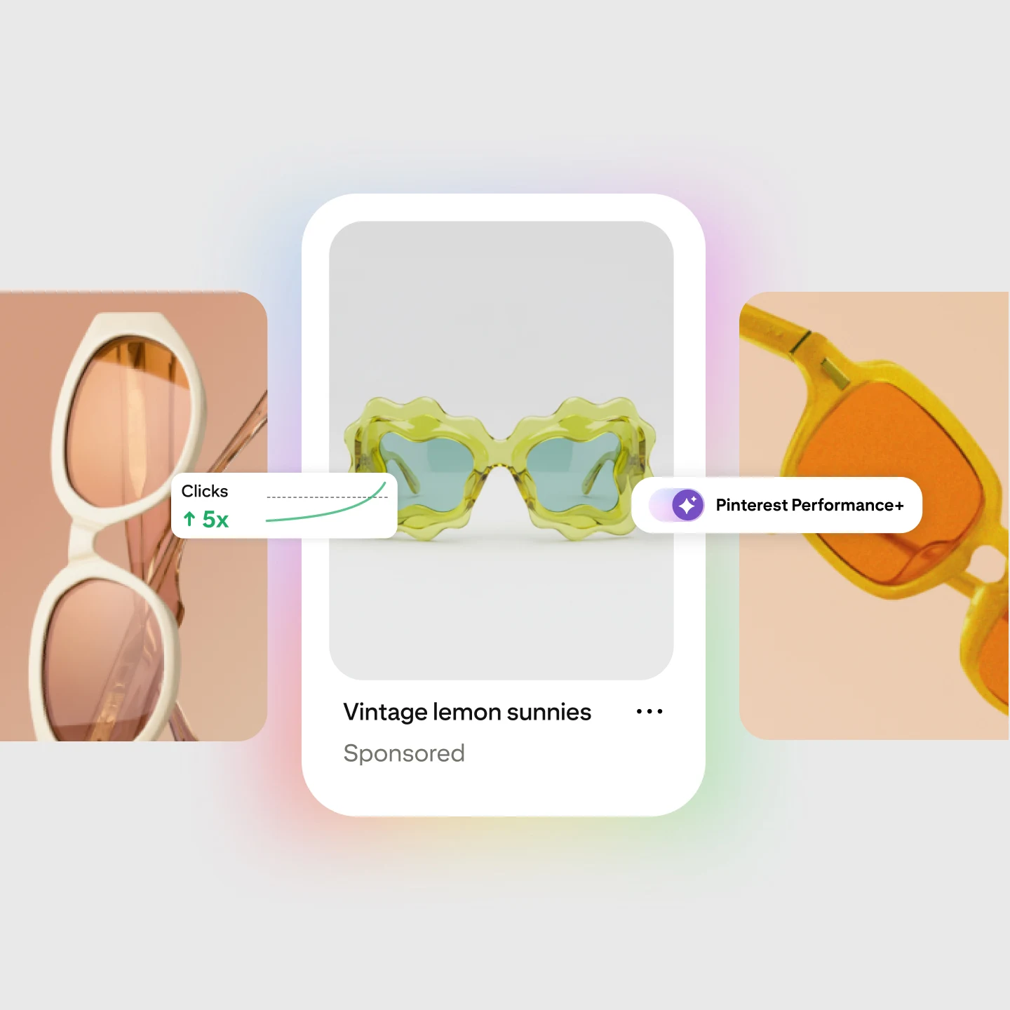 Sponsored Pinterest pin for "Vintage lemon sunnies" sunglasses showing a 5x increase in clicks, labeled Pinterest Performance
