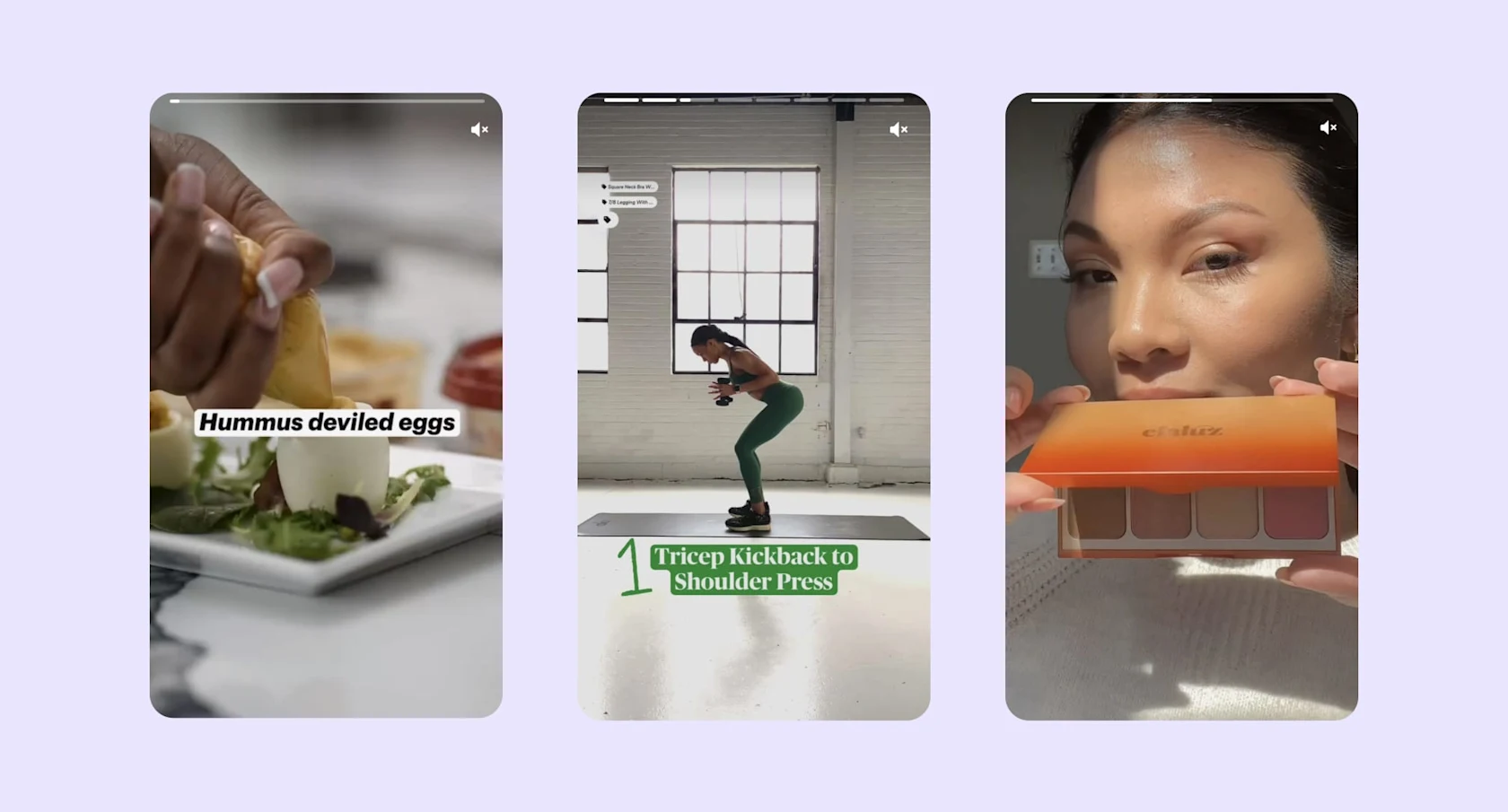 Three Idea Pins in a grid. One Idea Pin shows a woman’s hand filling a deviled egg. The second Pin shows a woman working out on an exercise mat. The third shows a woman holding eye shadow.