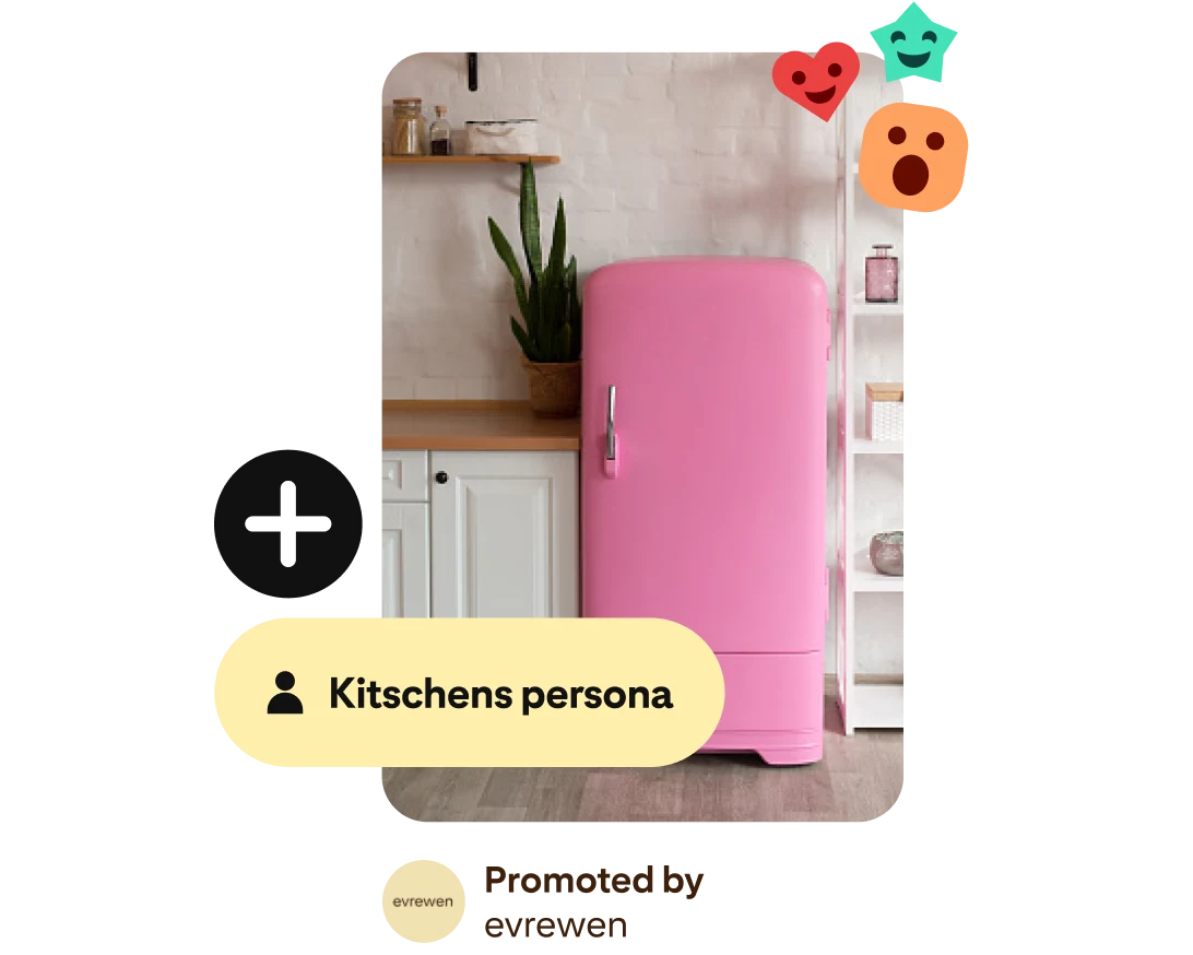 A Pin-shaped image features a pink refrigerator next to white and wood cabinetry and a snake plant. “Kitchens persona” is written in a pill shape to the left of the image, with emoji-style icons at top right.