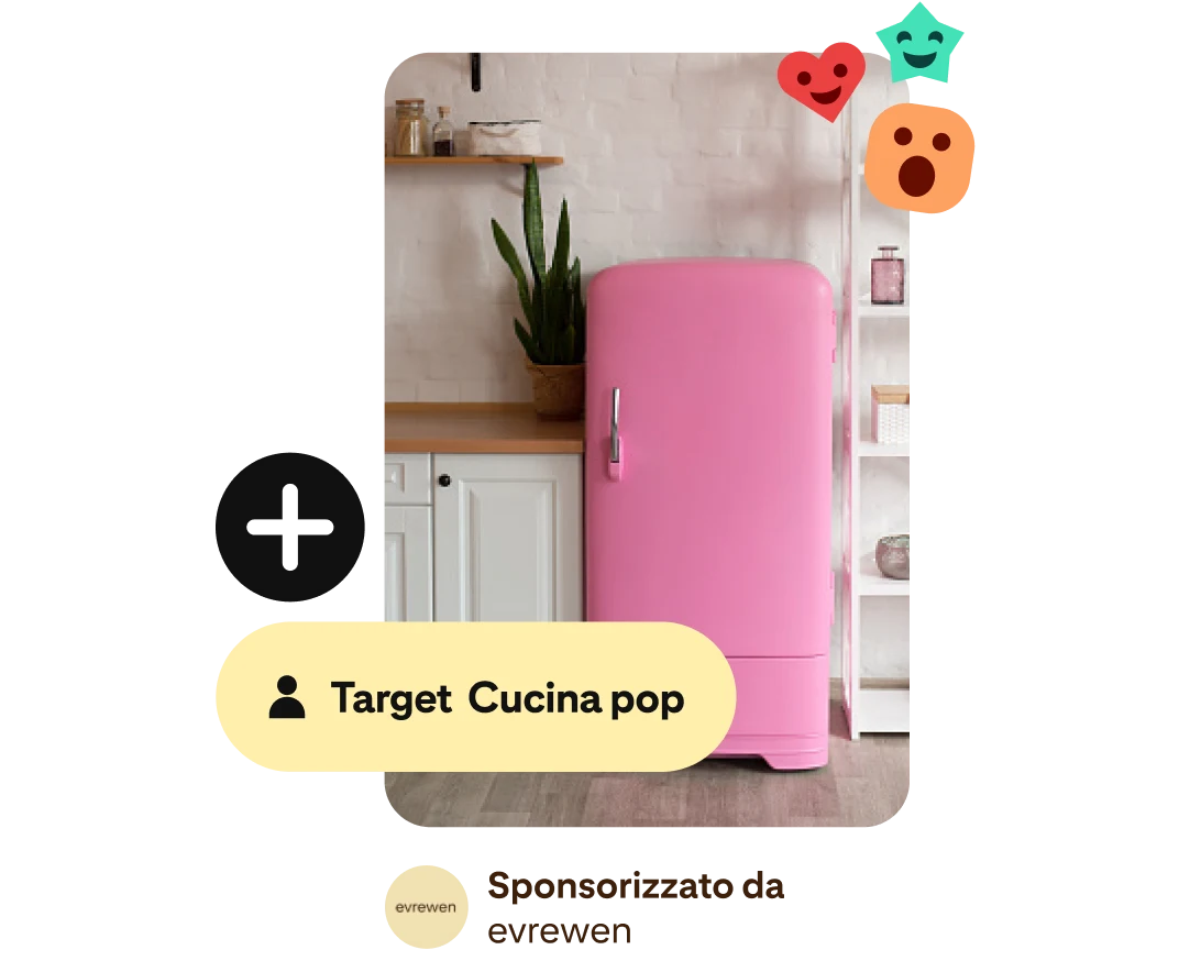 Un'immagine a forma di Pin raffigurante un frigorifero rosa accanto a pensili bianchi in legno e a una lingua di suocera. A sinistra dell'immagine un riquadro con la scritta "Persona Cucina pop". In alto a destra, delle emoji.