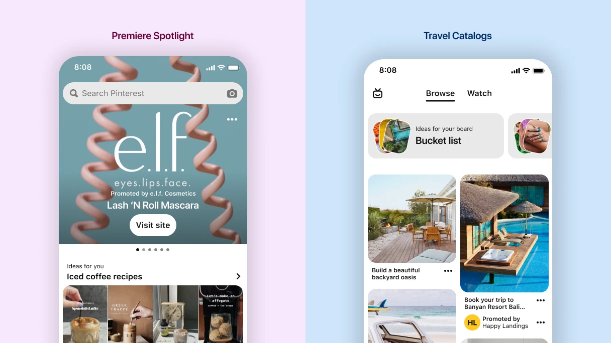 Vertical split image with the left side showing an example of a large ad on the search page; the right side featuring the Browse feed in the Pinterest mobile app.