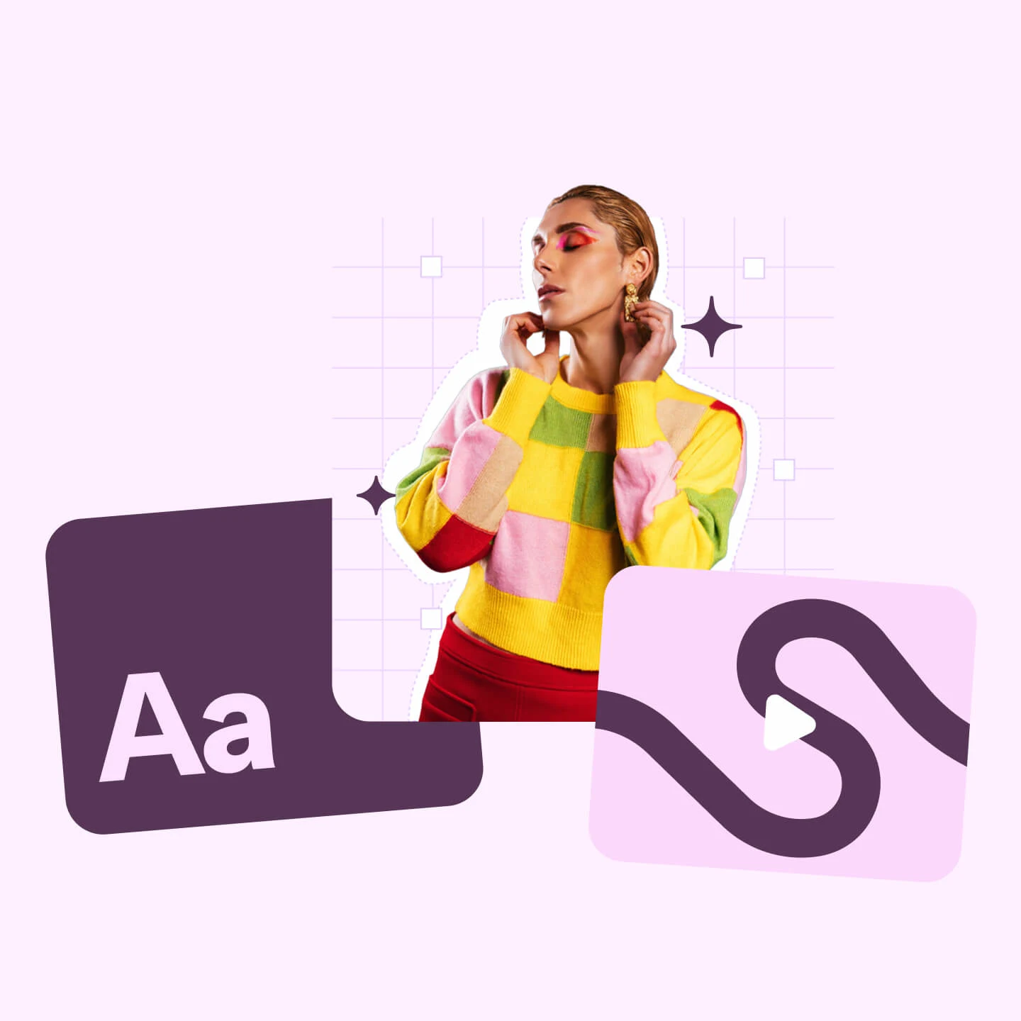 A collage shows an uppercase and lowercase letter “A”, a young person wearing a colorful outfit and a video graphic.