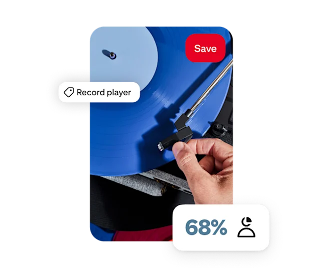 A Pin showing a hand placing a turntable arm onto a blue record with the words “record player” partially overlaid, plus a separate “68%“ overlay.