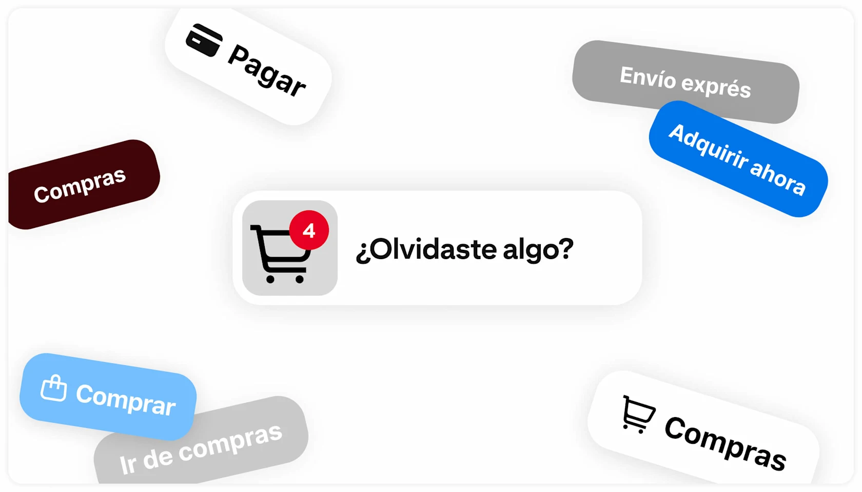 Un ícono de carrito de compras con las palabras “¿Olvidaste algo?”, rodeado de frases relacionadas con las compras.