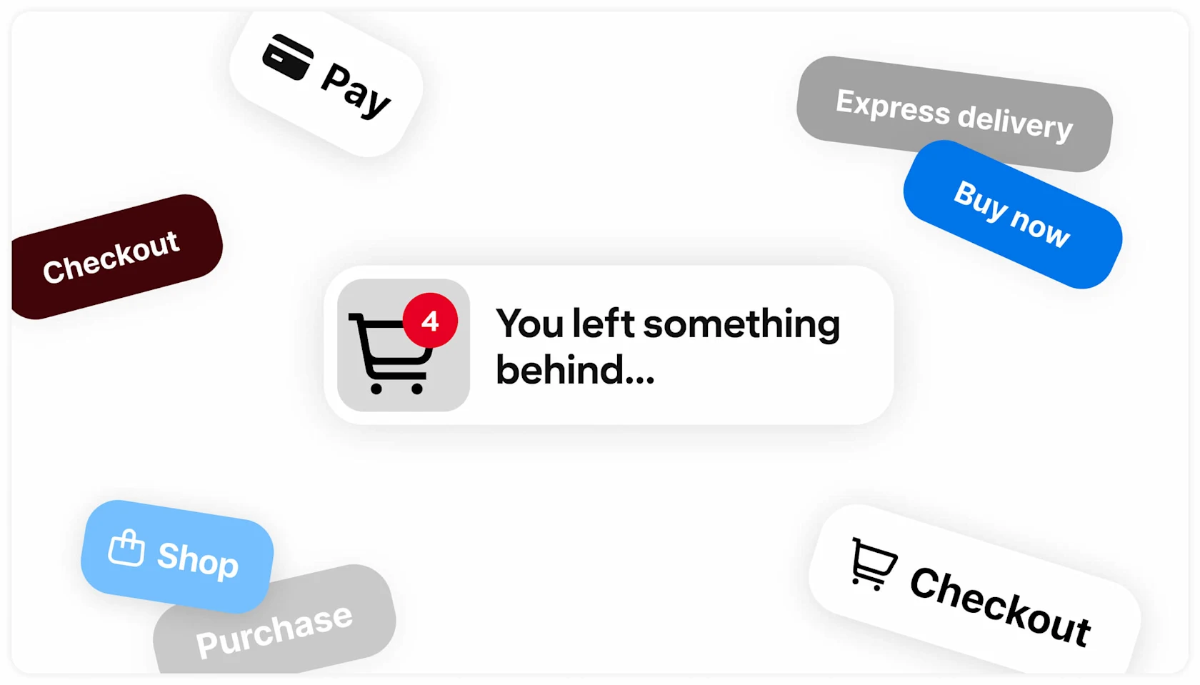 A shopping trolley icon with the words ‘You left something behind…’ is surrounded by shopping-related phrases.