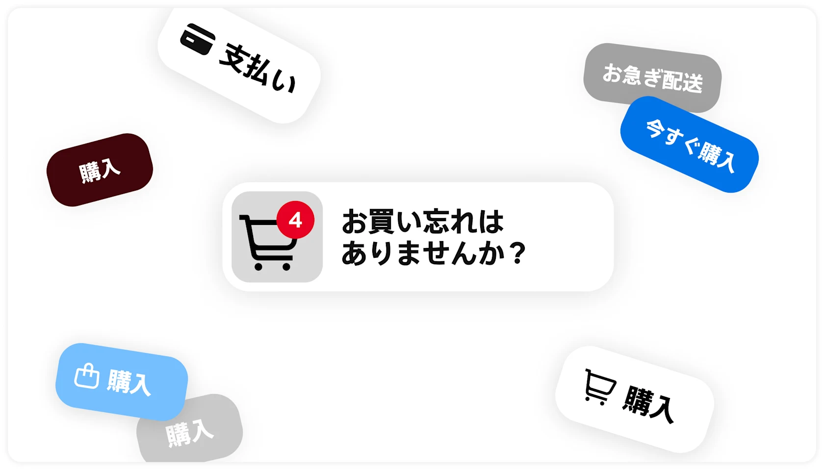 「何か忘れていませんか...」というテキストとショッピングカートのアイコンが、ショッピング関連のフレーズで囲まれている様子。