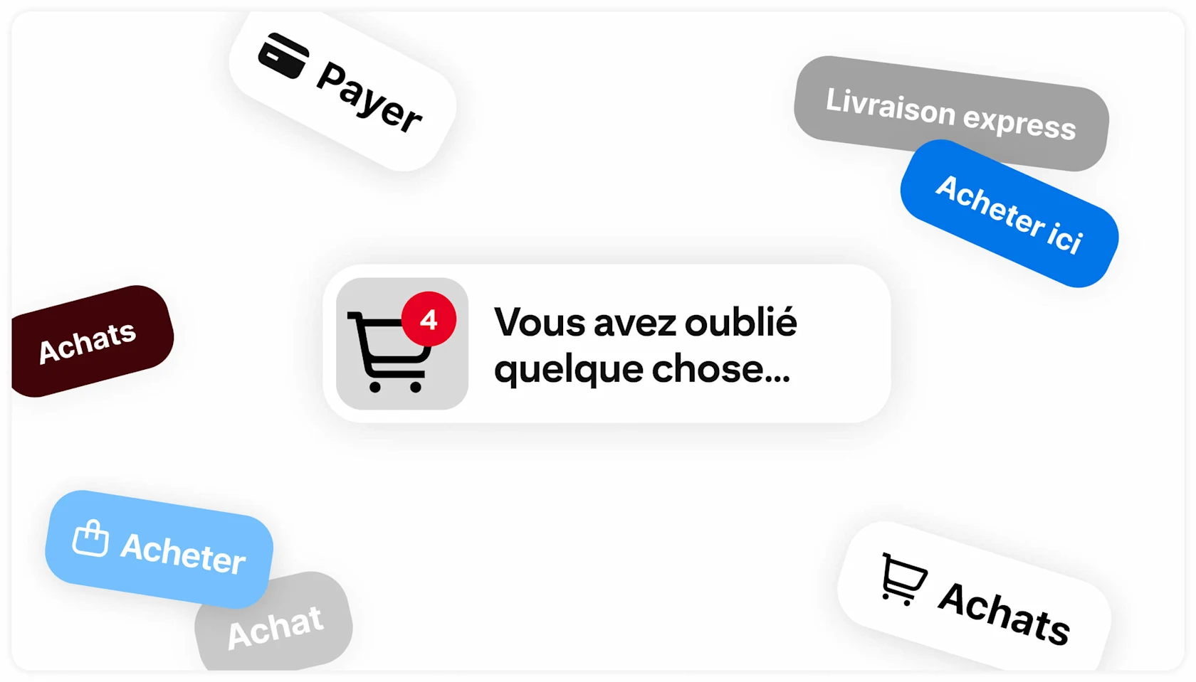 Une icône de panier d’achat indiquant « Vous avez oublié quelque chose… » est entouré d’expressions liées au shopping.