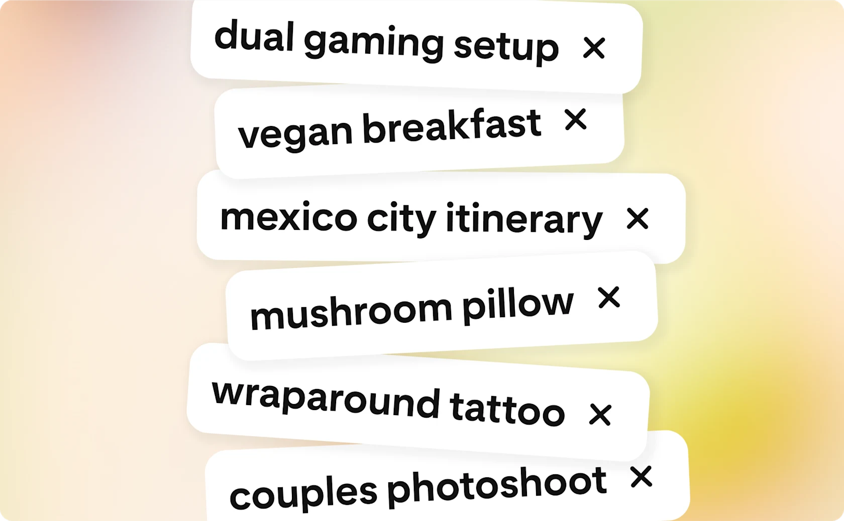 A list of search terms like “wraparound tattoo” and “dual gaming setup.”