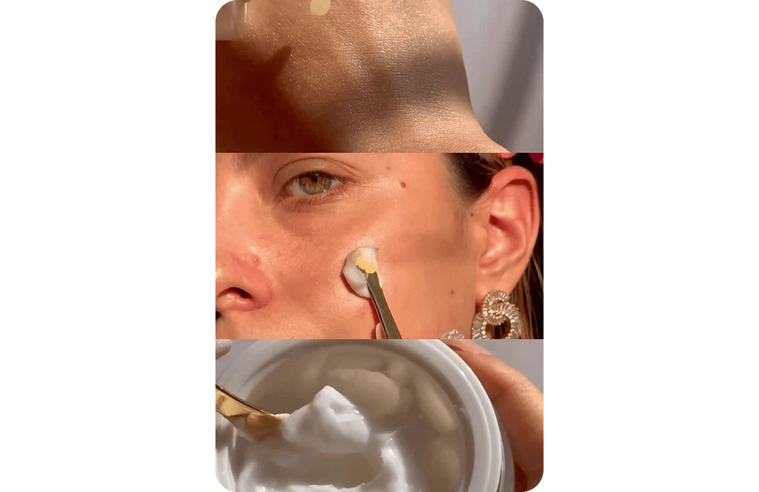 Three close-up skincare images: a hand, a woman applying face cream, and an open jar of face cream.