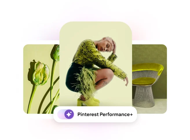 Anúncio com criativo Pinterest Performance+ apresenta moda verde-limão, imagens florais e decoração moderna para casa com uma modelo vestindo um moletom verde felpudo.