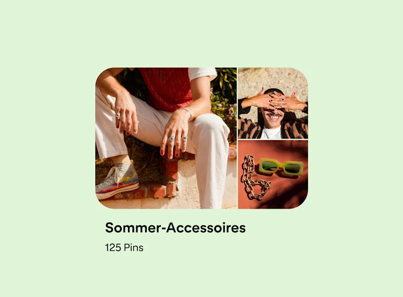 Pinnwand-Vorschau mit drei Pins; auf zwei Pins ist eine weiße Person mit bunten Nägeln zu sehen, auf dem dritten eine Sonnenbrille und eine Kette.