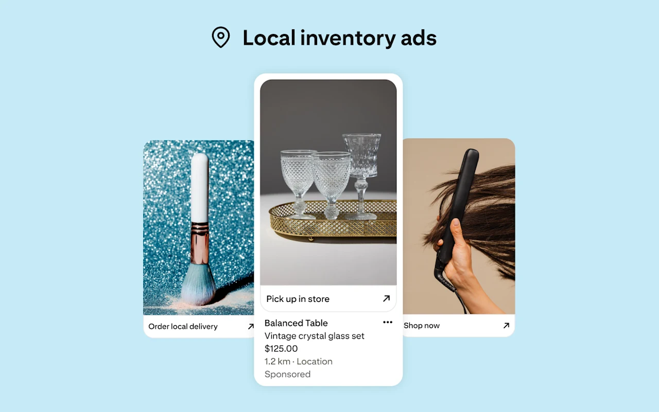 Local inventory ads show a vintage crystal glass set that is 1.2 miles away, a make-up brush available for local delivery and a hair straightening tool.
