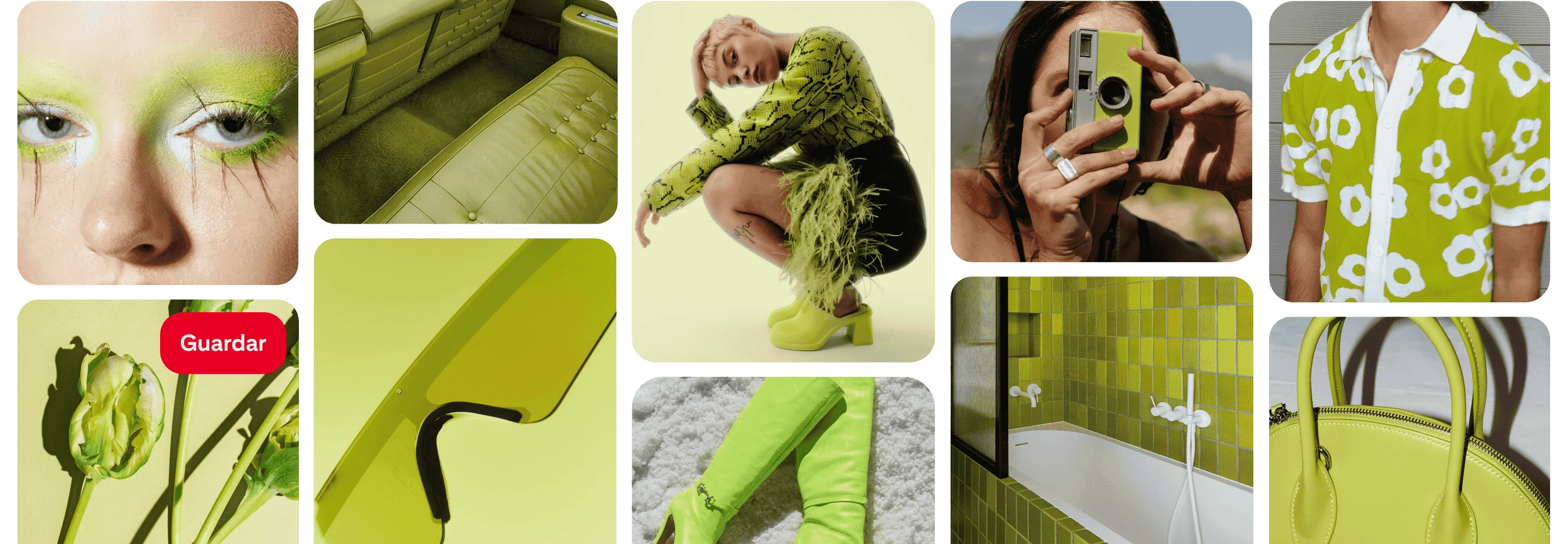 Una cuadrícula de Pines con artículos verdes brillantes, como una camisa, un bolso, un baño con azulejos, botas, anteojos con cámara, el interior de cuero de un automóvil y sombra para ojos.