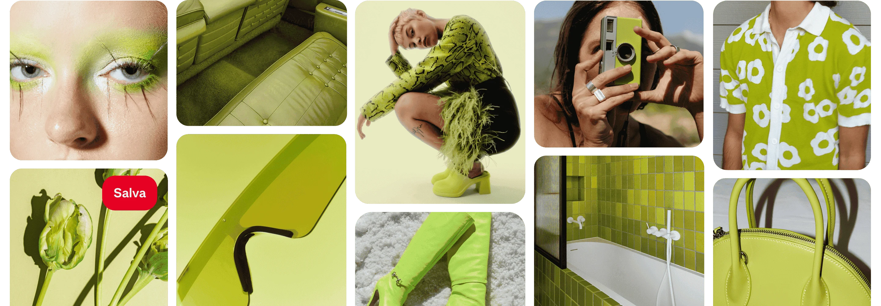 Griglia di Pin con oggetti luminosi e verde, tra cui una camicia, borsa, bagno in piastrella, stivali, occhiali con fotocamera, interni auto in pelle e ombretto.