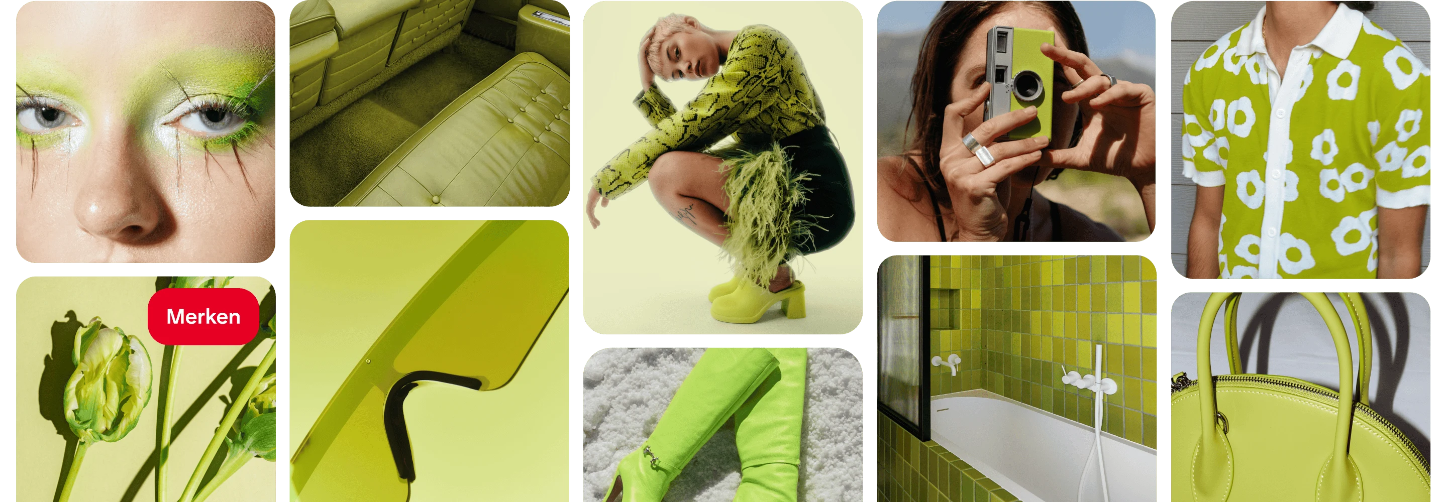 Im Raster angeordnete Pins, die helle, grüne Artikel zeigen, etwa ein Hemd, eine Handtasche, ein gefliestes Badezimmer, Stiefel, eine Kamera, eine Brille, ein Fahrzeuginnenraum mit Leder und Lidschatten.
