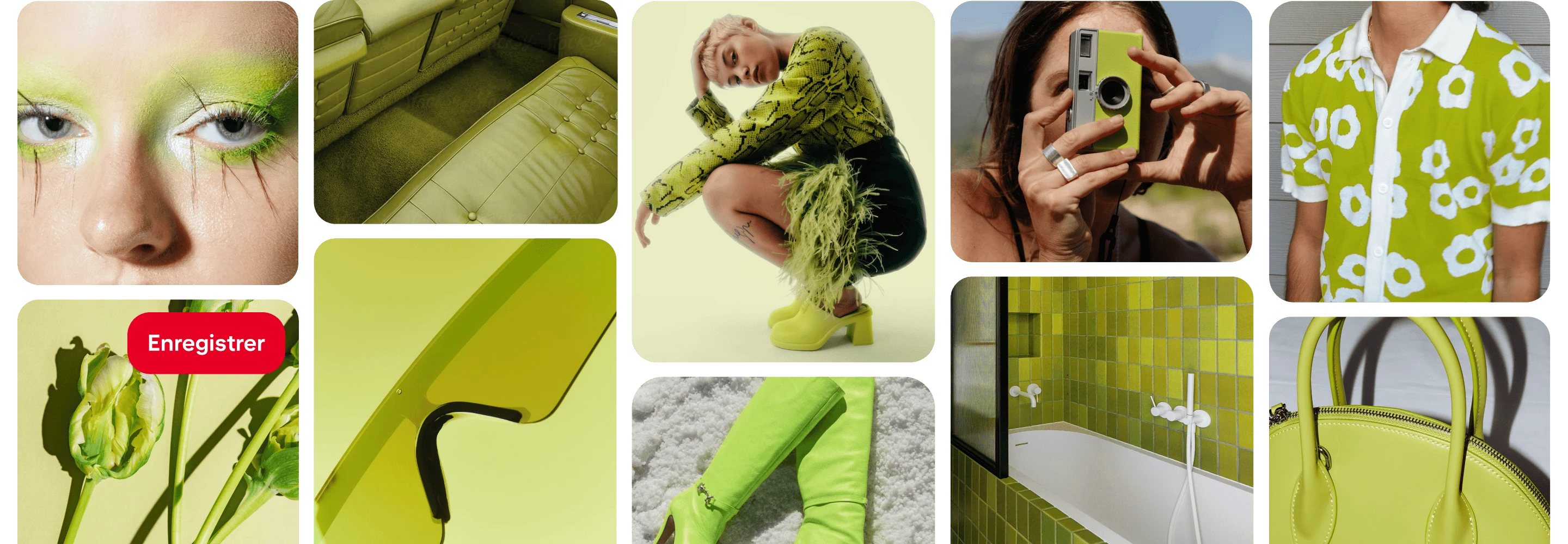 Grille d’Épingles avec des articles d’un vert vif, dont une chemise, un sac à main, une salle de bain carrelée, des bottes, des lunettes caméra, un intérieur de voiture en cuir et un fard à paupières.