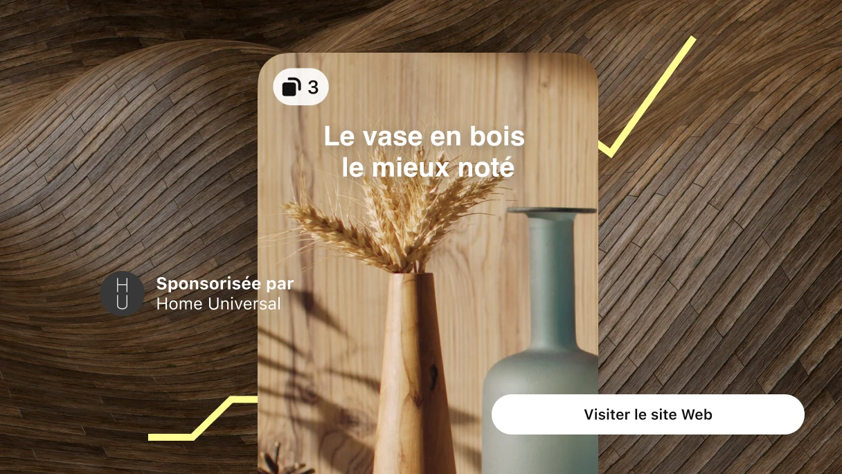 Annonce Idée montrant deux vases avec le titre « Vases en bois les mieux notés » sur un fond en bois incurvé avec une ligne jaune représentant une tendance à la hausse et un bouton marqué « Visiter le site » à droite.