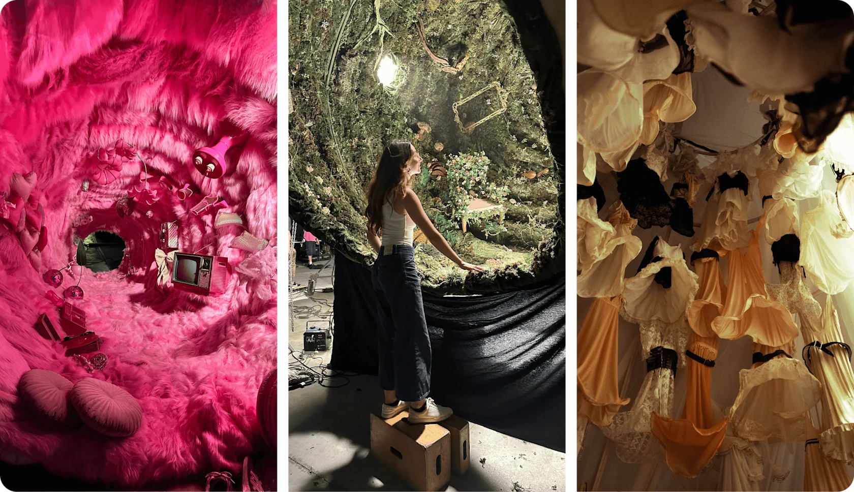 A pink fuzzy tunnel with pink objects within it, a woman staring into a mossy display and an array of peach and tan hanging dresses.
