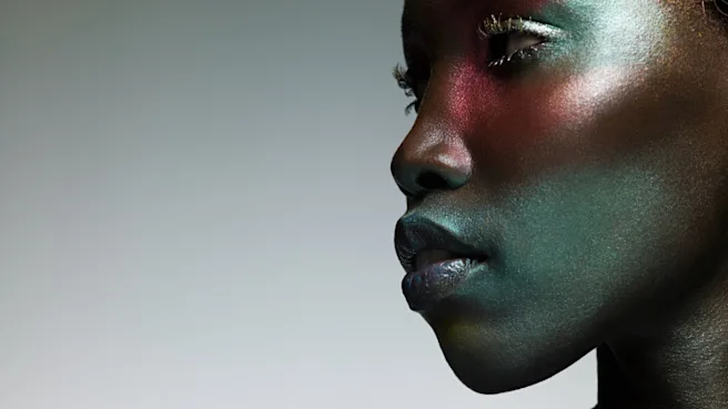 Le profil latéral du visage d’une femme noire sur un dégradé de gris. La femme porte du maquillage scintillant.