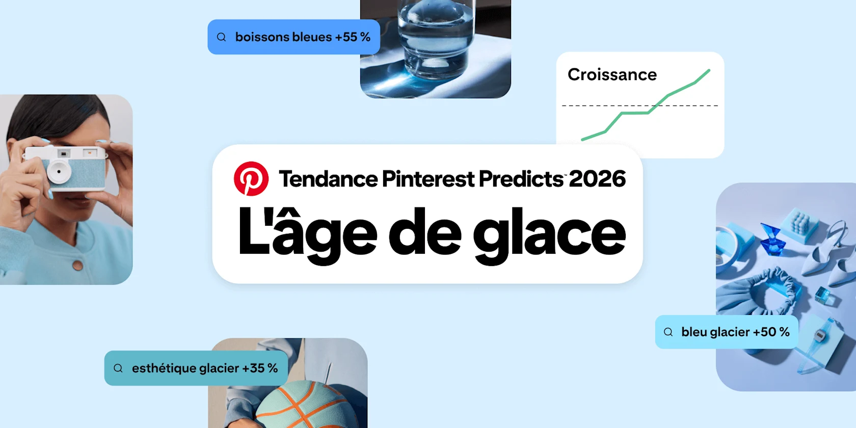 Le titre « Tendance Pinterest Predicts 2026 : L’âge de glace » est entouré d’images bleues, de recherches et de statistiques, du type « +35 % esthétique glacier », ainsi que d’un graphique linéaire montrant une croissance en hausse.
