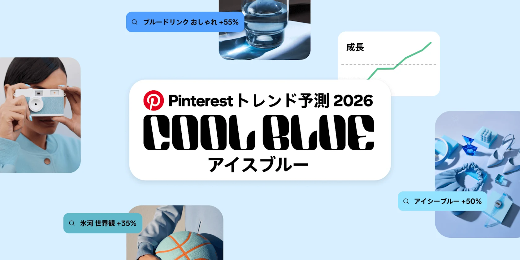 「Pinterest Predicts 2026 トレンド:アイスブルー」というテキストの周りに、関連する青い画像、検索結果、「氷河 世界観 +35%」などの統計情報、および増加を示す折れ線グラフが表示されいます。