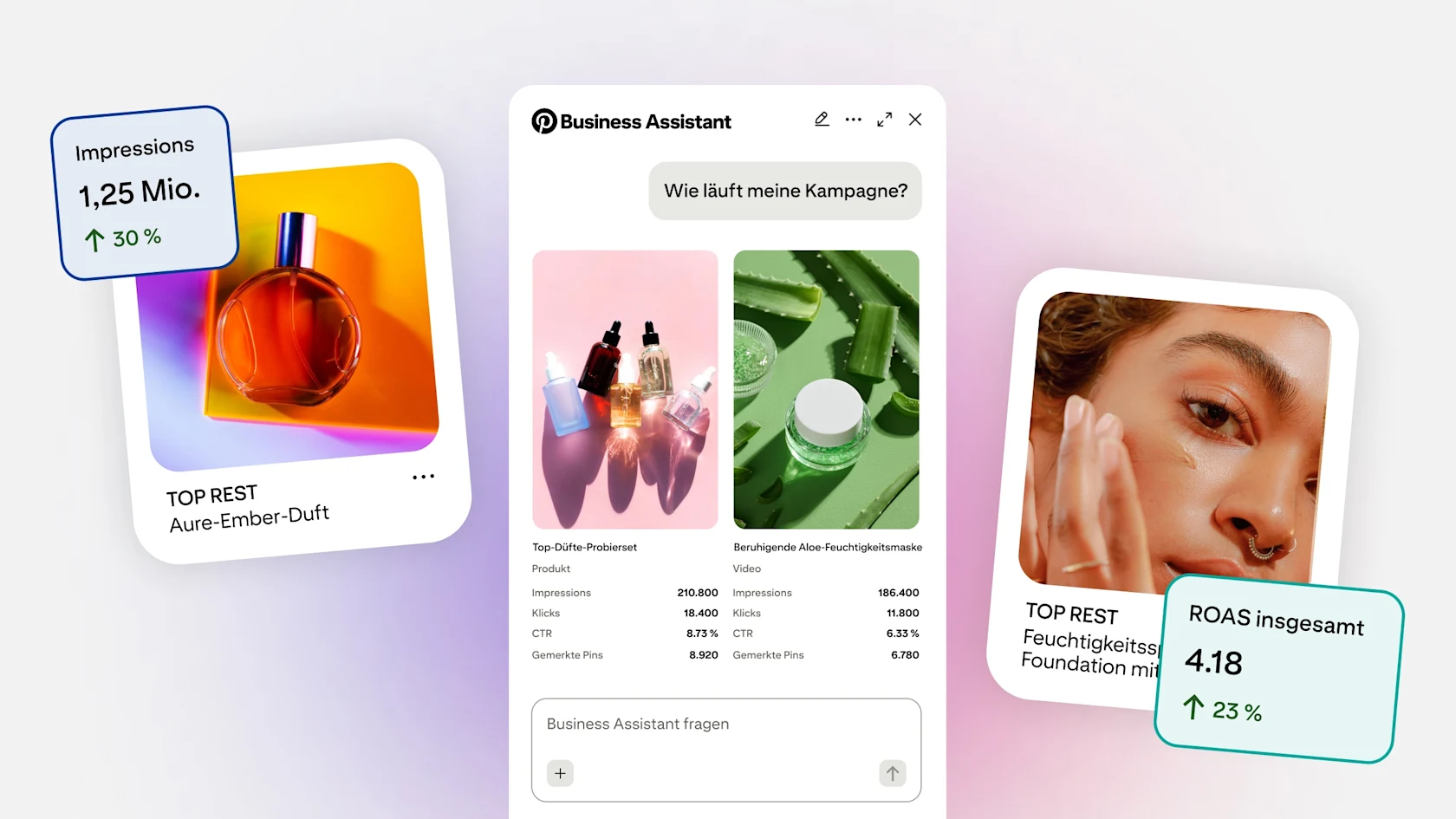 Benutzeroberfläche des Pinterest Business Assistant vor einem Hintergrund mit Farbverlauf, der Performance-Statistiken zu Beauty- und Hautpflege-Anzeigen anzeigt, einschließlich Callouts für Impressions und ROAS.