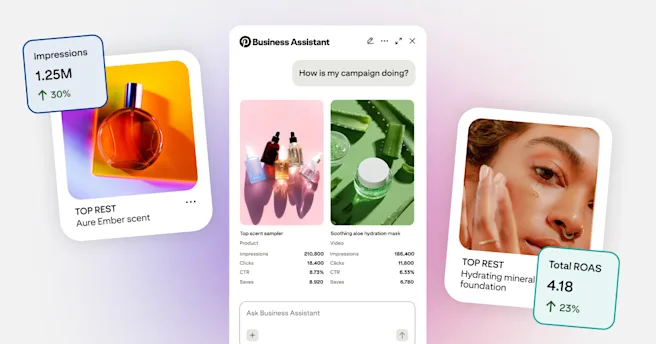 Pinterest Business Assistant interface on a gradient background, displaying performance stats for beauty and skincare ads, including impressions and ROAS callouts.