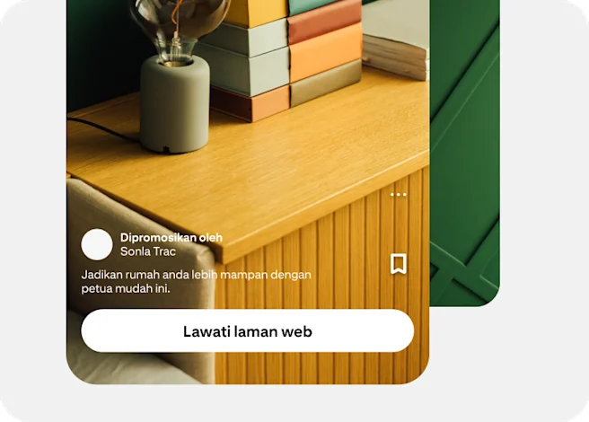 Iklan Idea untuk syarikat hiasan rumah mempromosikan petua kelestarian, dan butang untuk melayari laman web syarikat tersebut.