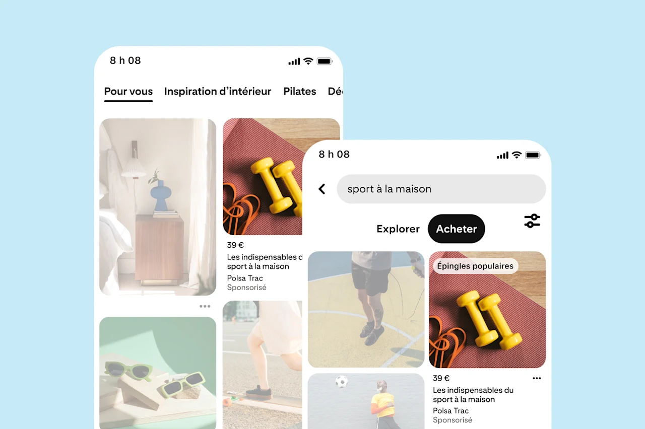 Deux écrans mobiles affichant Pinterest. À gauche, la page d'accueil montre Pour vous, Inspiration intérieure et Pilates avec des images de décoration et de matériel de gym. La page à droite affiche une recherche pour « sport à domicile ».
