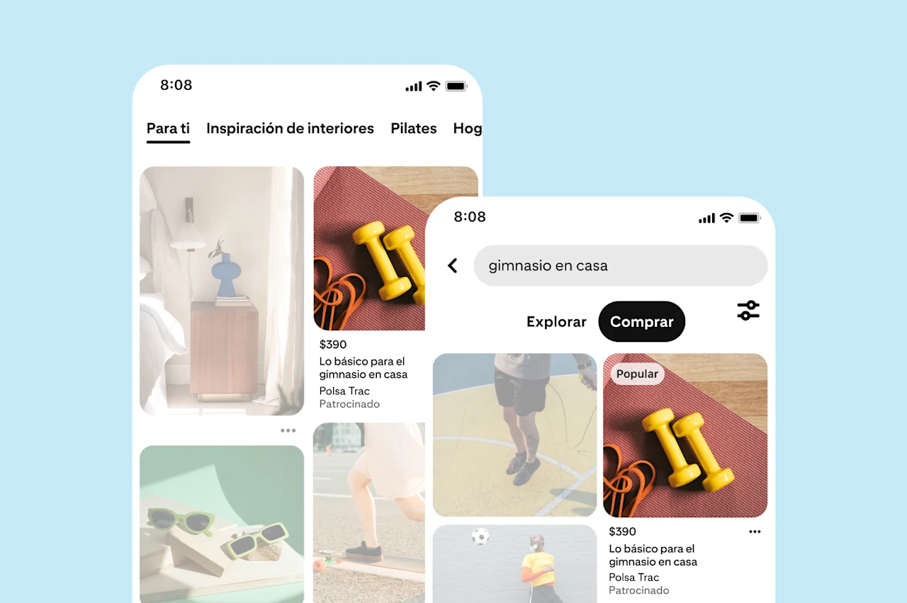 Pantallas móviles que muestran Pinterest. En el feed de inicio, a la izquierda, aparecen “Para ti”, “Inspiración de interiores” y “Pilates”, con imágenes de decoración y ejercicio. En búsqueda, se ve una búsqueda de “gimnasio en casa” y los resultados.