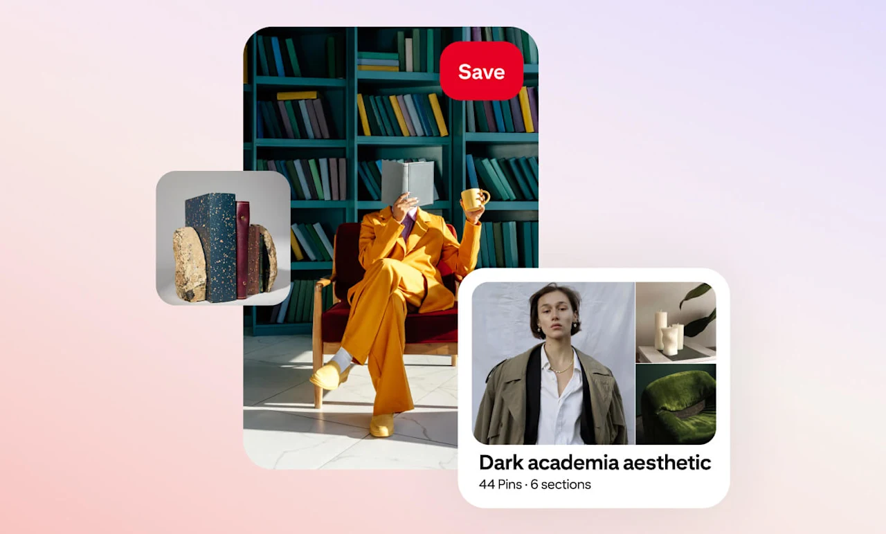 A Pin of someone in a yellow suit with a large bookshelf behind them, an image of books and a board called ‘Dark academia aesthetic’.
